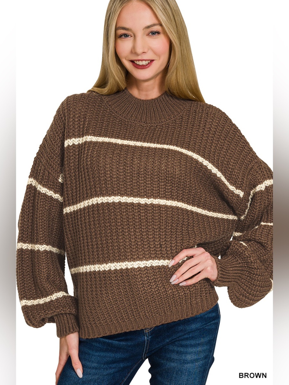New Zenana Chocolate Brown & Cream Striped Sweater